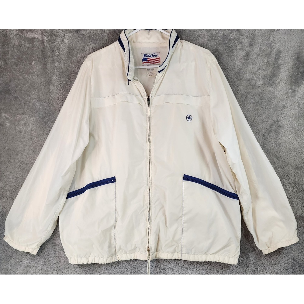 Weather Tamer Jacket Mens 42 Cream Navy Blue Made in USA Vintage Windbreaker